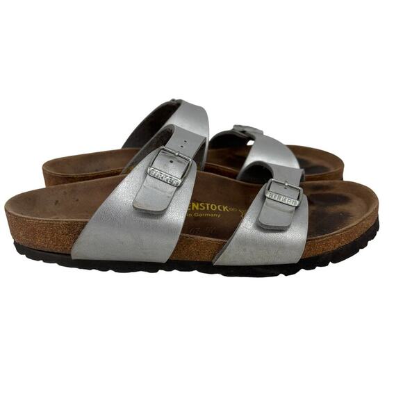 Birkenstock Sandals Size EU 40 Silver Leather Cork Arizona Two Strap FLAWS - Picture 1 of 10